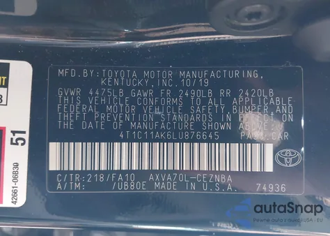 2020 Toyota Camry Le z USA, uszkodzony, nr VIN 4T1C11AK6LU876645